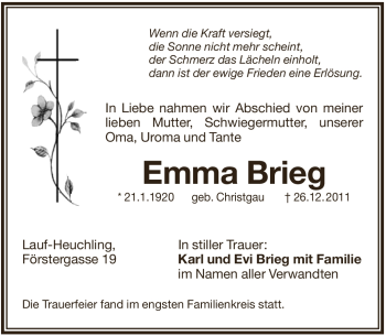 Traueranzeige von Emma Brieg von Pegnitz-Zeitung